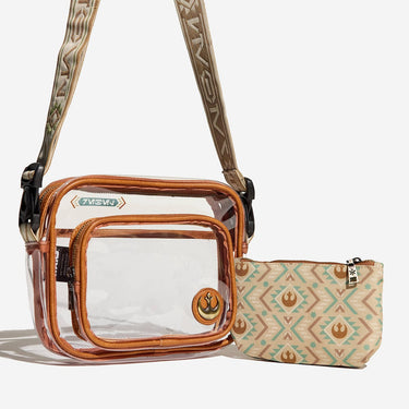 Clear crossbody bag with brown accents and a matching pouch on a white background