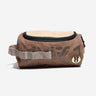 Brown toiletry bag with a logo on a white background