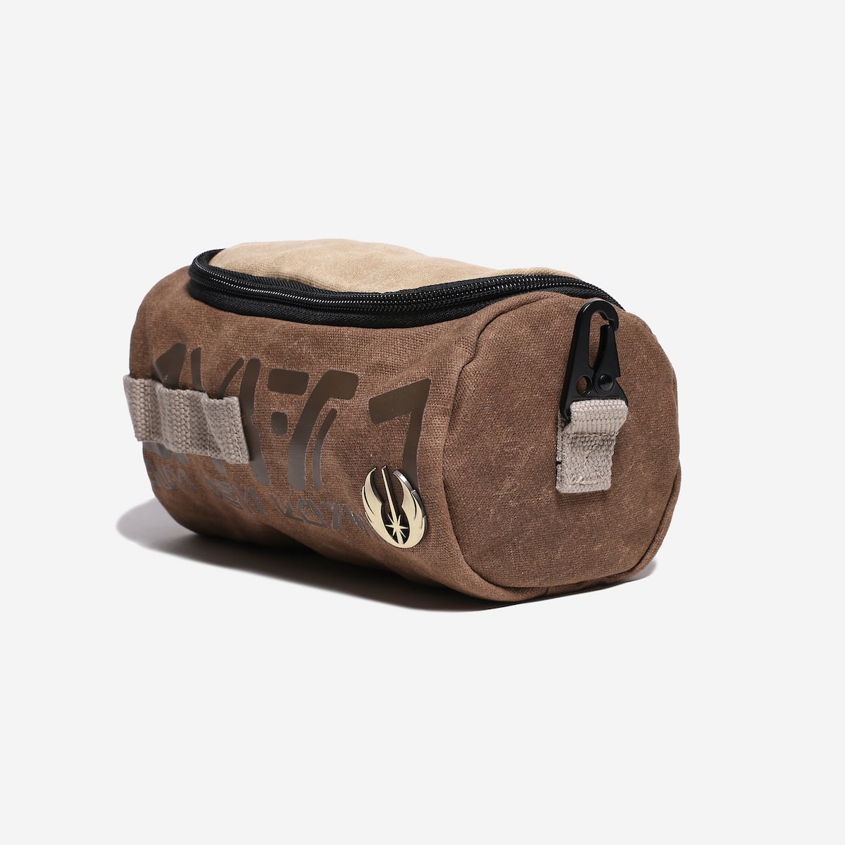 Brown toiletry bag with black zipper and visible branding on a white background
