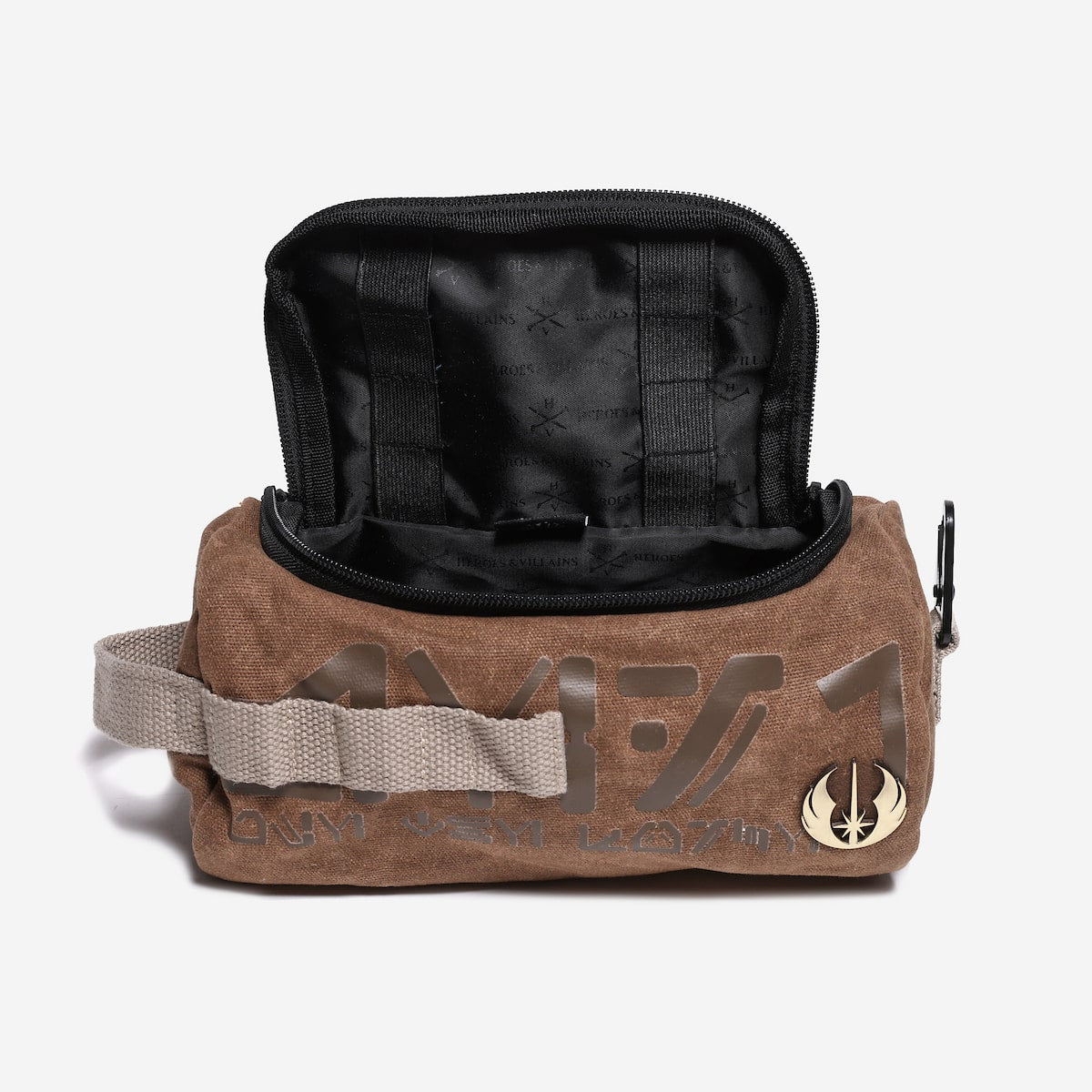 Brown toiletry bag with black interior and visible branding on a white background