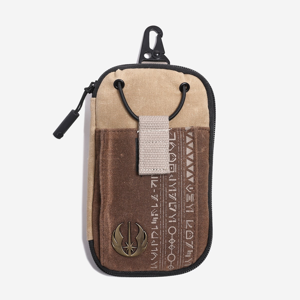 Multicolored pouch with a logo on a light gray background