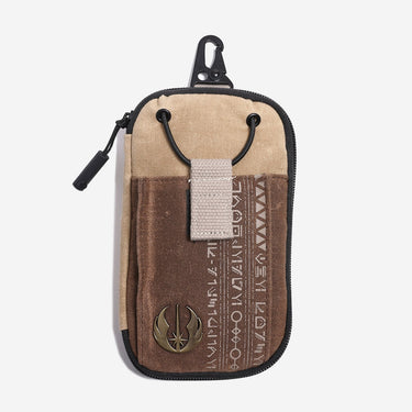 Multicolored pouch with a logo on a light gray background