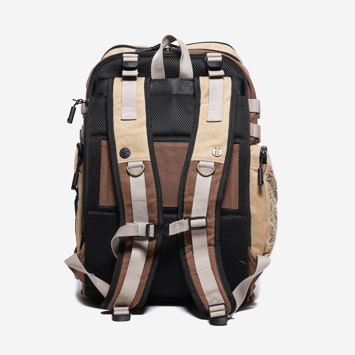 Backpack with multiple straps and compartments on a white background