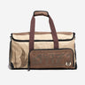 Beige and brown star wars duffel bag with handle and attached pouch on a white background