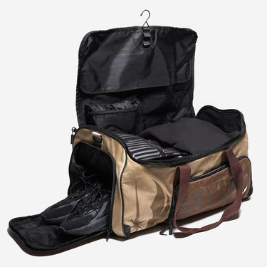 Brown and black Star Wars travel bag with a shoe compartment on a white background
