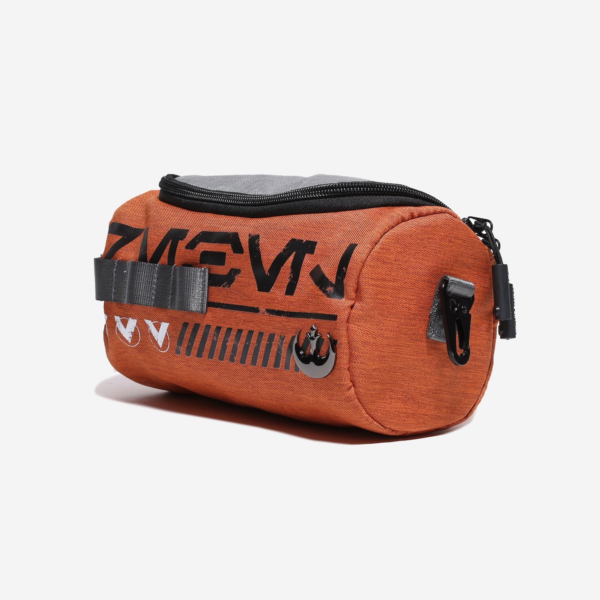 Orange toiletry bag with black carabiner clip and Star Wars Rebel branding on a white background