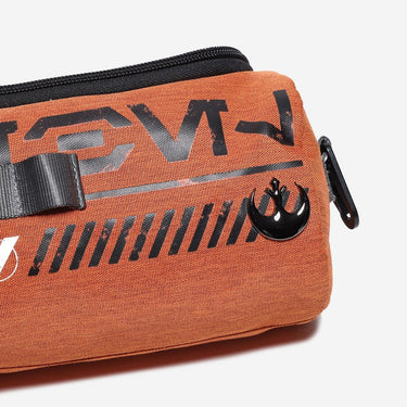Orange travel pouch with black text and rebel  logo on a white background