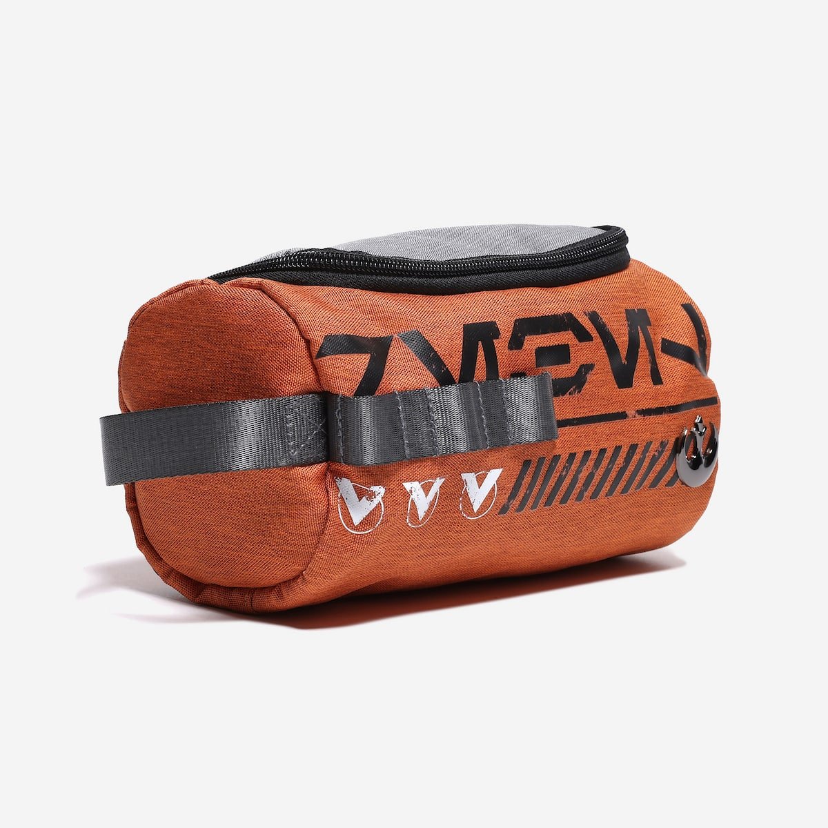 Orange toiletry bag with black strap and Star Wars Rebel branding on a white background