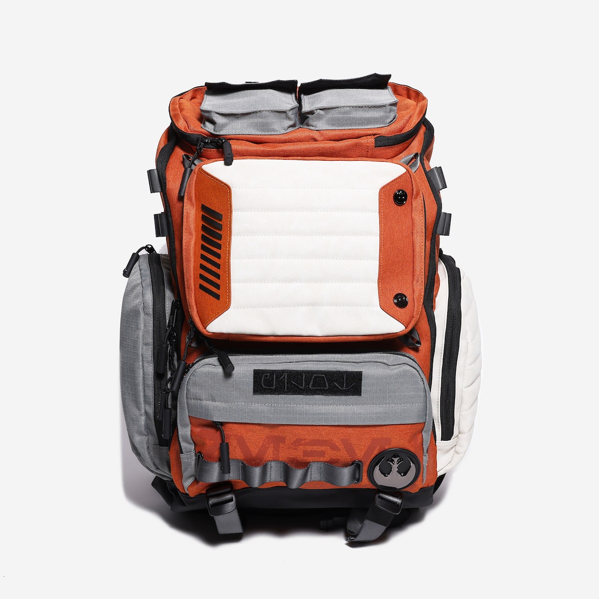 Orange and gray Star Wars Rebel backpack with visible brand logo on a white background