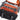 Orange and black backpack bag with a logo on a white background