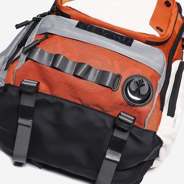 Orange and black backpack bag with a logo on a white background