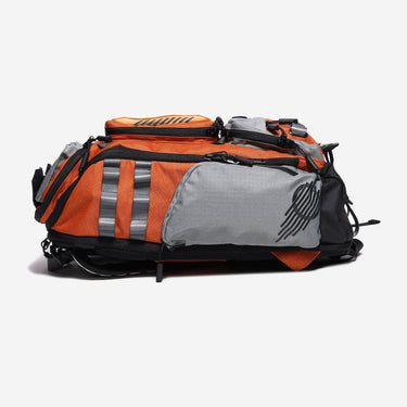 Orange and gray backpack with black accents on a white background