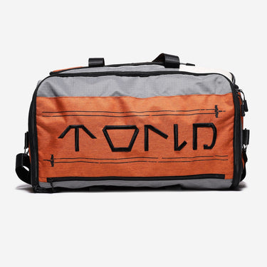 Orange and gray duffel bag with 'PILOT' in Aurebesh on a white background