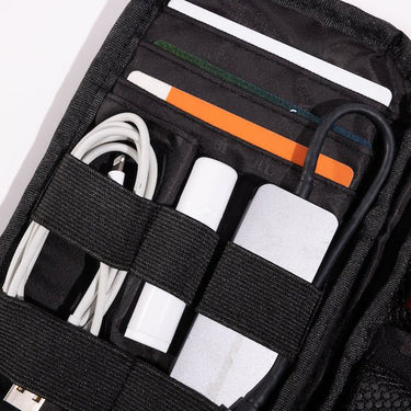 A close up of the inner pouch focused on the card pockets and 5 elastic straps. 