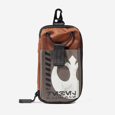 A compact, Orange and Brown zippered pouch with a hook clip at the top. The pouch features a Star Wars-inspired design, including the Rebel emblem in white. The front pocket has a black strap closure.