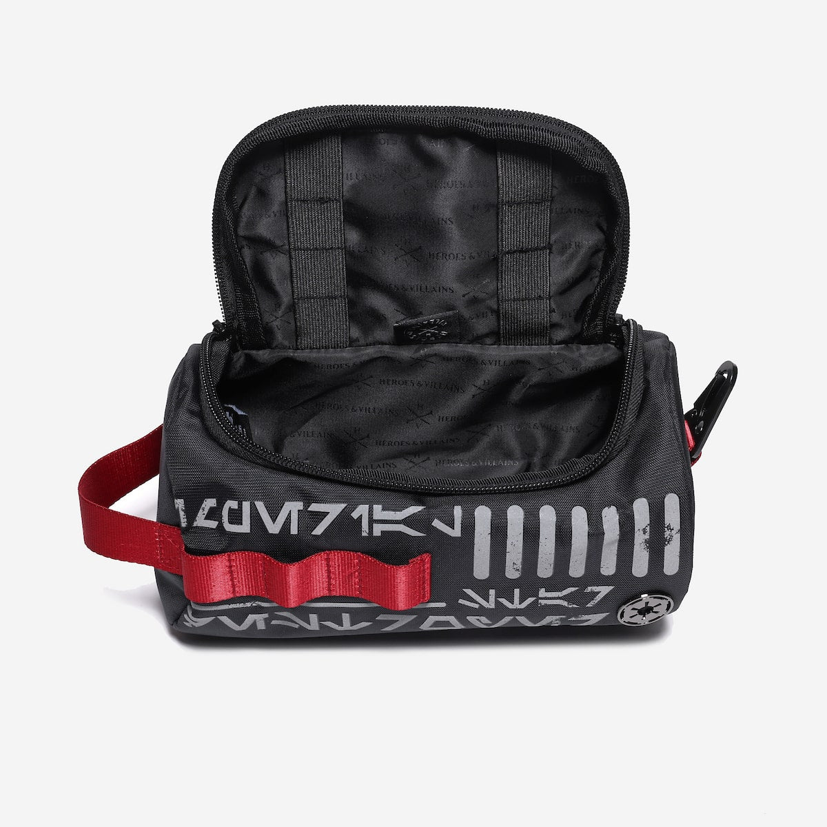 Black Star Wars Dopp Kit unzipped showing inside elastic straps