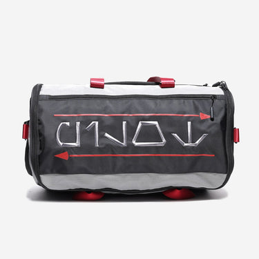 Black and gray duffel bag with red accents on a white background
