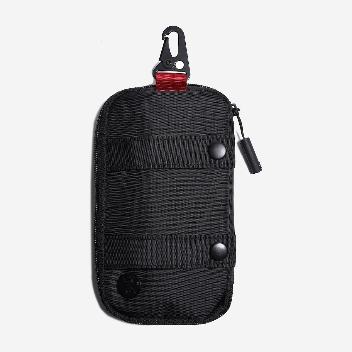 Black pouch with a carabiner on a white background