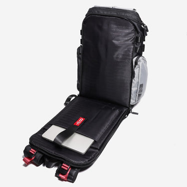 Back side of Travel Backpack open showing Laptop sleeve