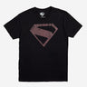A black t-shirt featuring a large, distressed red Superman logo on the chest.