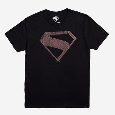 A black t-shirt featuring a large, distressed red Superman logo on the chest.