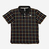A black plaid polo style shirt with red, white, blue and yellow stripe pattern. 