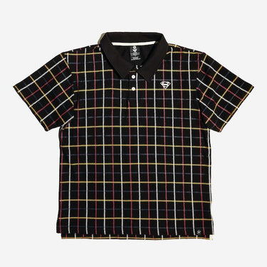 A black plaid polo style shirt with red, white, blue and yellow stripe pattern. 