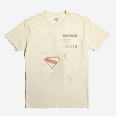 Natural Beige T-Shirt with a faded profile depicting Superman and information about him