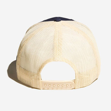 A photo of the back of a trucker hat. It has a white mesh back