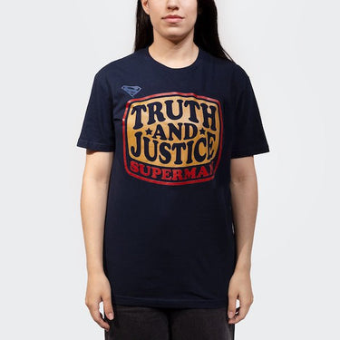 Woman in a Navy T-Shirt that says "Truth and Justice" "Superman" 