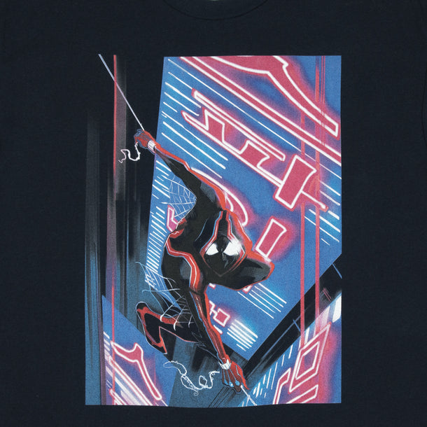 Marvel Across the Spider-Verse Miles Morales Web-Swinging on Navy Tee, Official Apparel & Accessories