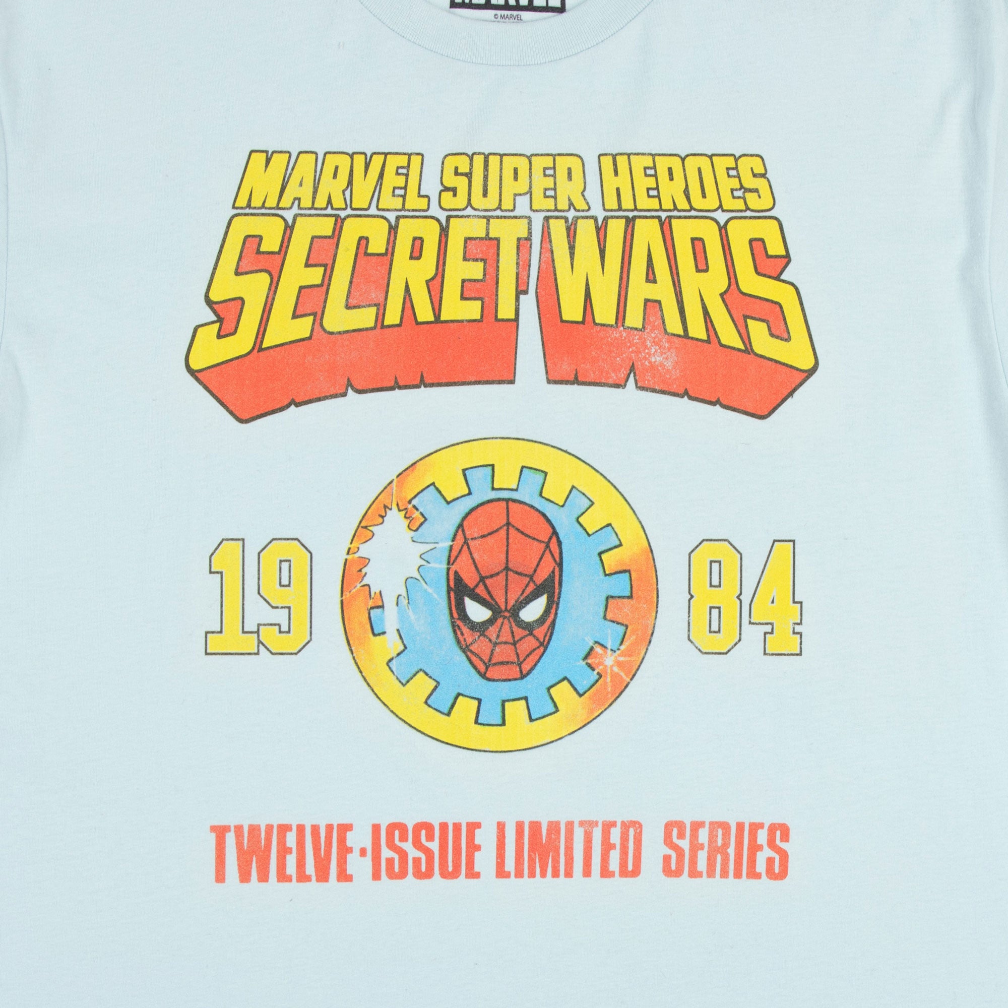 Secret Wars 1984 Spider-Man Shield Sky Blue Tee