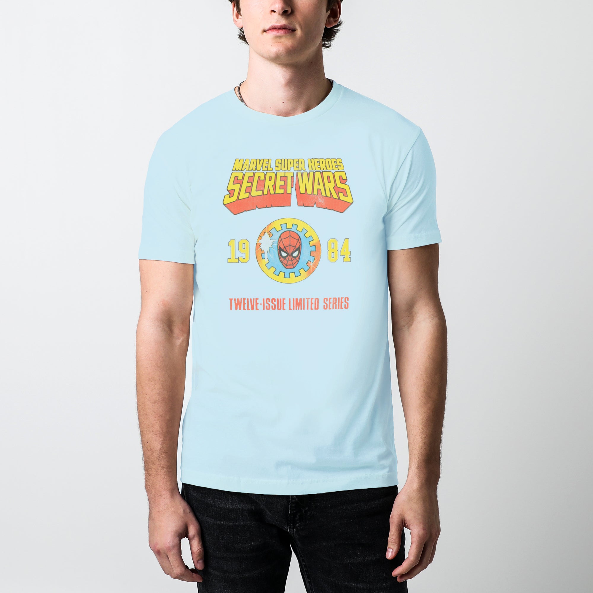 Secret Wars 1984 Spider-Man Shield Sky Blue Tee