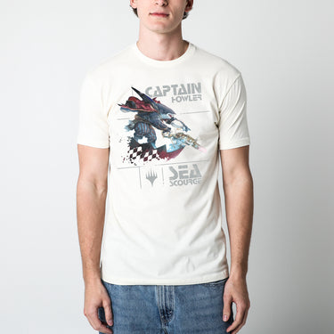 A male model wearing a natural Magic: The Gathering t-shirt featuring Captain Howler, a fierce shark-like pirate with armored plating, a flowing red cape, and striped pants. He wields an ornate, steampunk-inspired harpoon gun, chained to his weapon. The background includes a distressed, grunge-style design with the words 'Captain Howler' and 'Sea Scourge' in bold, stylized font, along with the Magic: The Gathering Planeswalker symbol.