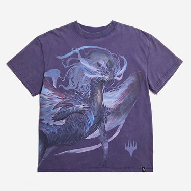 Purple T-shirt featuring a colorful, stylized image of a dragon with abstract, swirling designs.