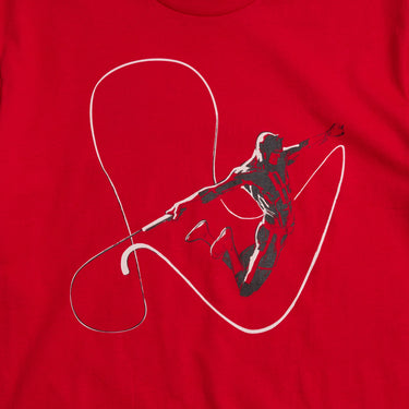 Dynamic graphic tee featuring a striking silhouette of Daredevil in mid-air, outlined by his signature billy club linework. The bold red background enhances the action-packed design, capturing the essence of Hell’s Kitchen’s guardian.