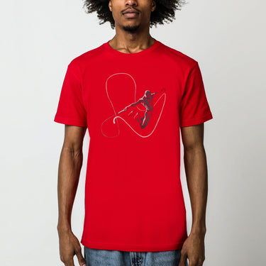 A male model featuring a dynamic graphic tee featuring a striking silhouette of Daredevil in mid-air, outlined by his signature billy club linework. The bold red background enhances the action-packed design, capturing the essence of Hell’s Kitchen’s guardian.