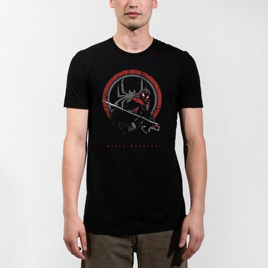 Man in a Black T-shirt featuring Miles Morales in a crouched pose with a red and grey spider emblem in the background.