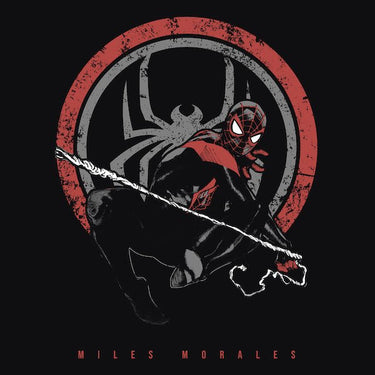 Artwork Miles Morales in a crouched pose with a red and grey spider emblem in the background.