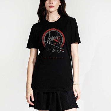 woman in a Black T-shirt featuring Miles Morales in a crouched pose with a red and grey spider emblem in the background.
