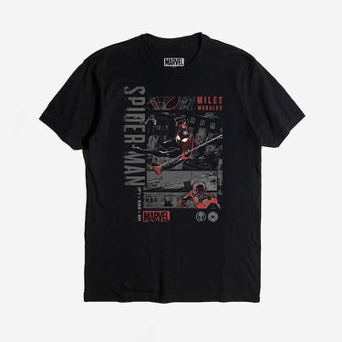 Black T-shirt showing Miles Morales swinging over city streets with comic-style panels and "Spider-Man" text.