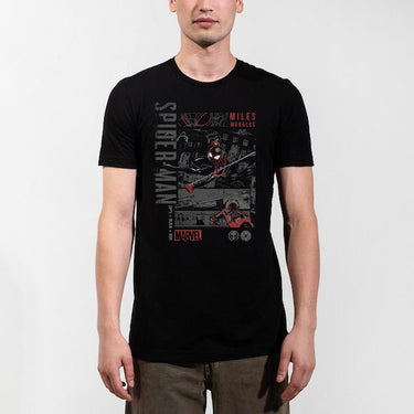 Man in a Black T-shirt showing Miles Morales swinging over city streets with comic-style panels and "Spider-Man" text.