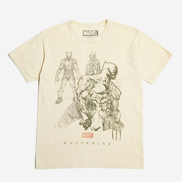 Beige t-shirt with Marvel Wolverine graphic design on a white background
