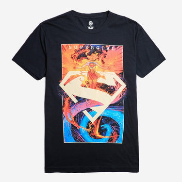 Black t-shirt with a colorful graphic of a superheroine and 'Supergirl' text on a white background
