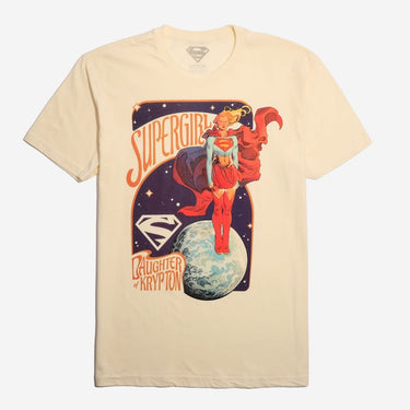 Beige t-shirt with Supergirl graphic design on a white background