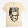 Beige t-shirt with a graphic design of Lobo with red eyes and spiky hair on a white background.