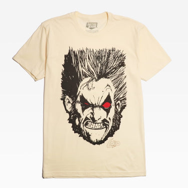 Beige t-shirt with a graphic design of Lobo with red eyes and spiky hair on a white background.