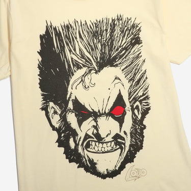 Beige t-shirt with a graphic design of Lobo with red eyes and spiky hair on a beige background.