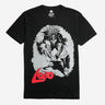 Black t-shirt with a graphic design of a character and 'Lobo' logo on a white background