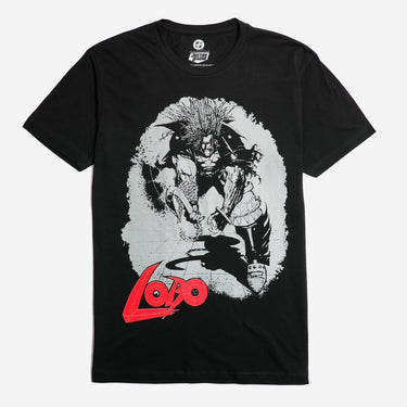 Black t-shirt with a graphic design of a character and 'Lobo' logo on a white background